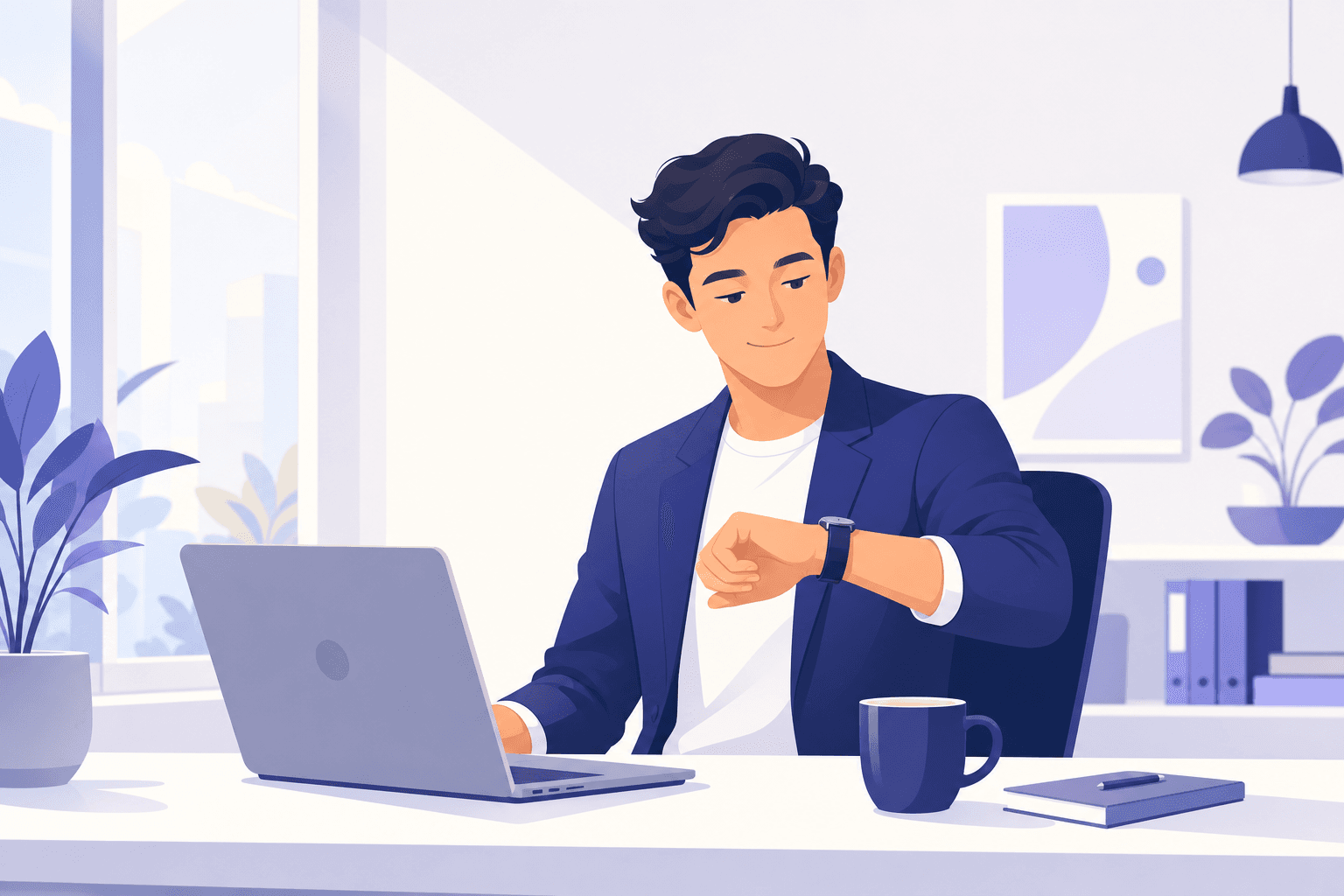 Ilustración de una persona en un escritorio de oficina mirando la hora en su reloj